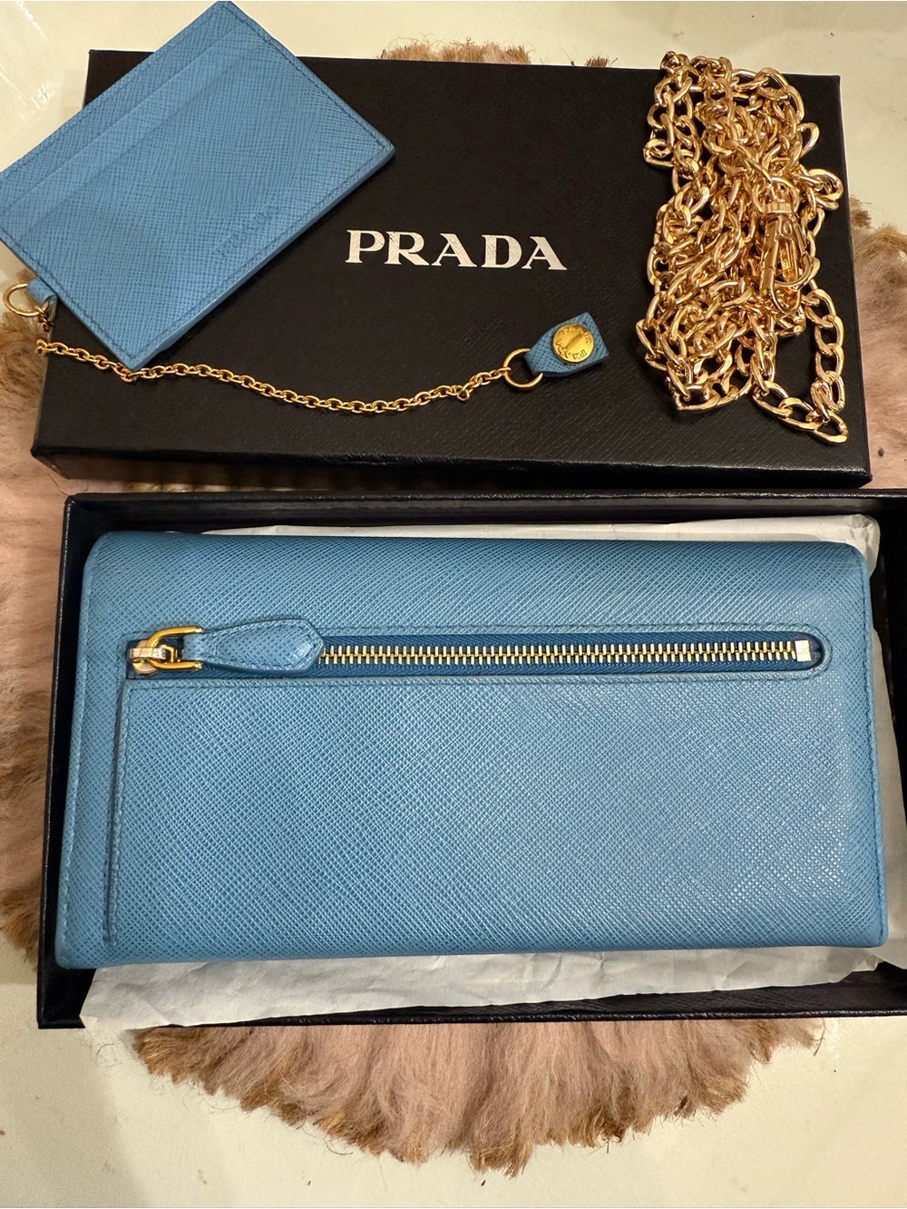 Prada Saffiano Lux Bow Continental Wallet Light Blue Gold Hardware W/ Chain Card - Picture 13 of 16